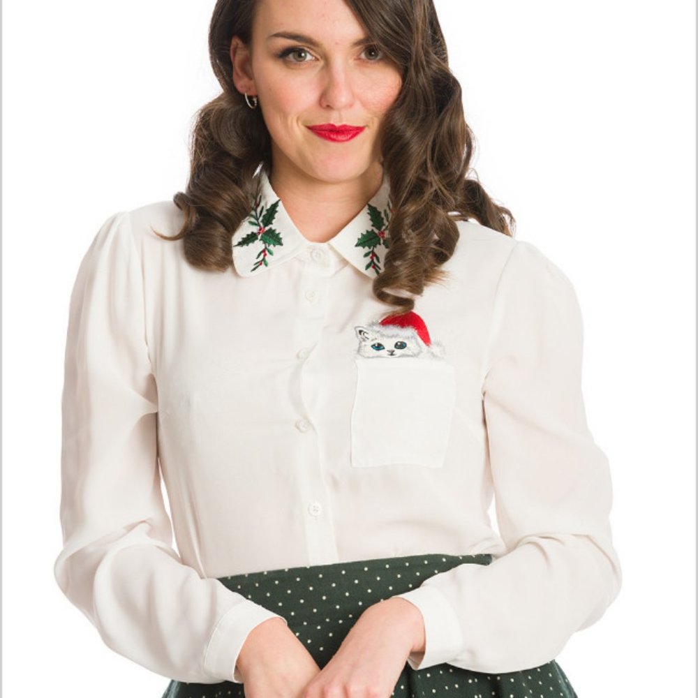 NWT Banned Apparel Merry Catmus Pocket Buttonup Blouse in White
